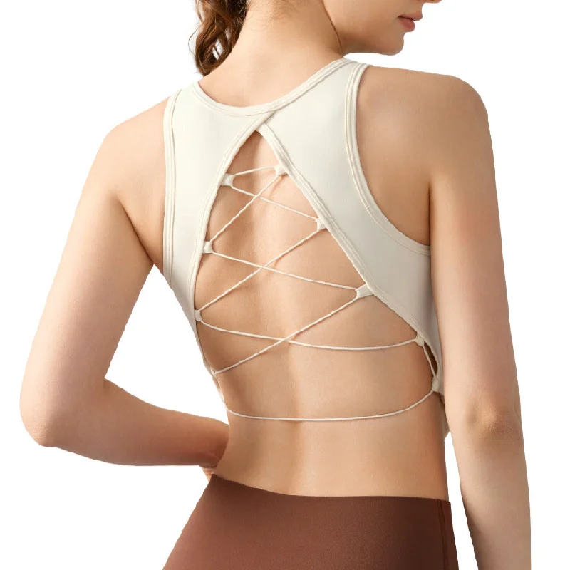 Lightweight Yoga Tops for Warm Weather -Yoga vest sexy cross backless fixed cup fitness top 4 colors