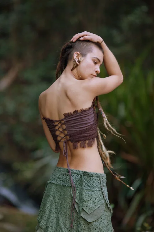 Yoga Tops with Adjustable Fit for Custom Support -Yoga Warrior Stitched Corset - Brown