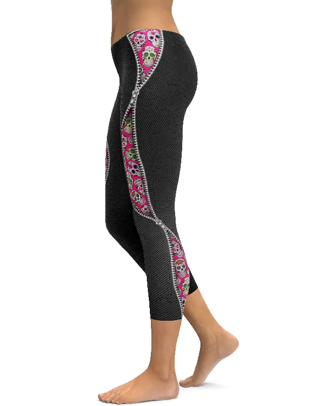 Premium Yoga Pants for Movement -Zippered Pink Sugar Skull Capris
