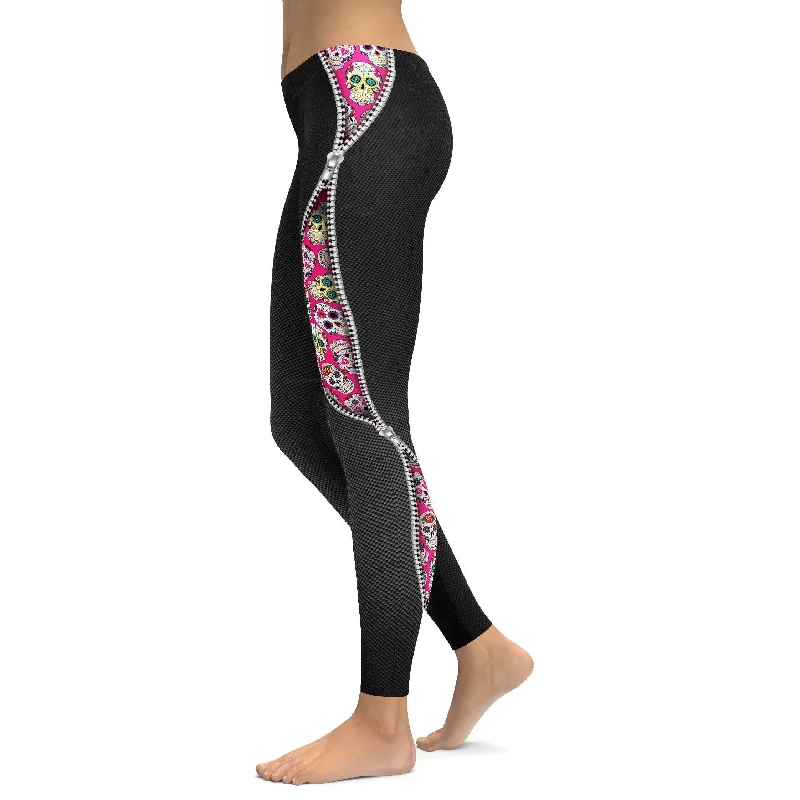 Yoga Pants for Stretch and Flexibility -Zippered Pink Sugar Skull Leggings