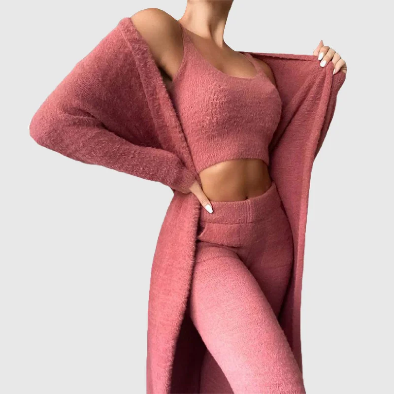 Relaxed Yoga Set for Home Practice -3Pc Lounge Set Crop Top Long Sleeve Coat and High Waist Pants