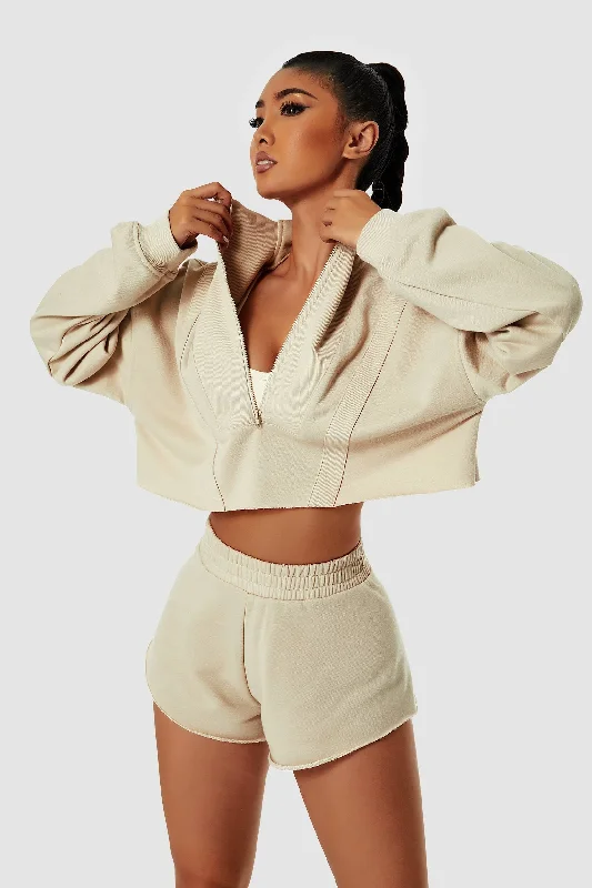 Yoga Sets with Comfortable Waistband -Cropped Sweatshirt & Mini Sweat Shorts Athleisure Set