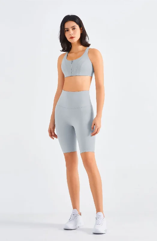 Yoga Sets with Breathable Fabric -Front-Zip Sports Bra & Biker Shorts Activewear Set