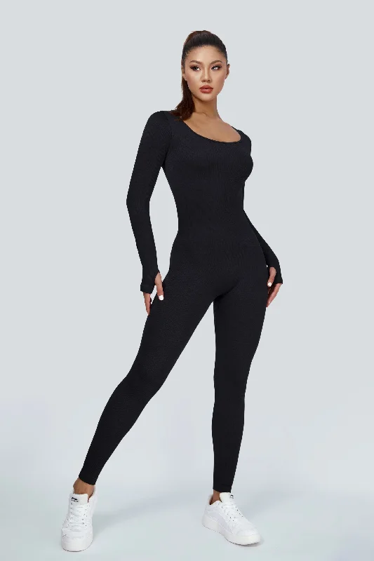Yoga Set with Compression Leggings -Ribbed Seamless Long Sleeve Jumpsuit