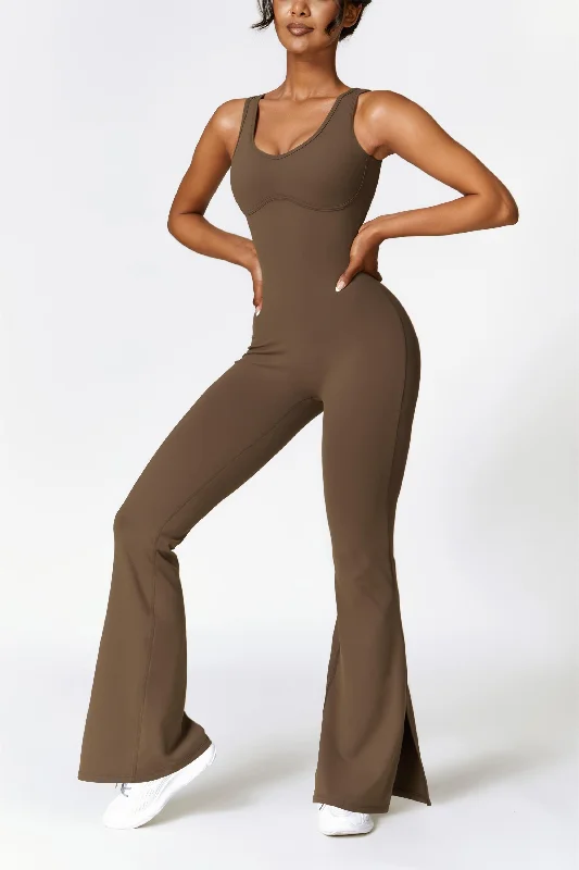 Stretch Yoga Sets -Scoop Neck Backless Flared Jumpsuit