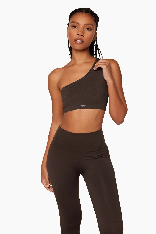 Durable Yoga Sets for Everyday -SCULPTFLEX® RIBBED ONE SHOULDER BRA - ESPRESSO