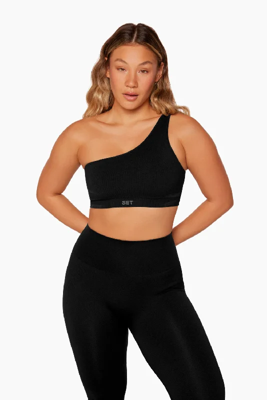 Comfortable Fit Yoga Sets -SCULPTFLEX® RIBBED ONE SHOULDER BRA - ONYX
