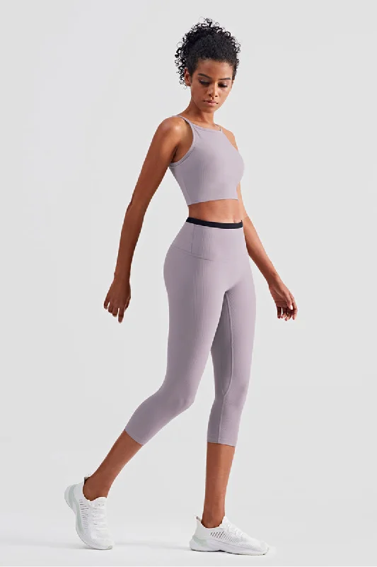 Yoga Set with Supportive Pockets -Ribbed Bra Top & Capri Legging Activewear Sets