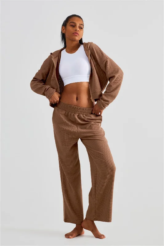 Breathable Yoga Sets for Performance -Waffle Knit Zip-Up Hoodie & Wide Leg Pants Set